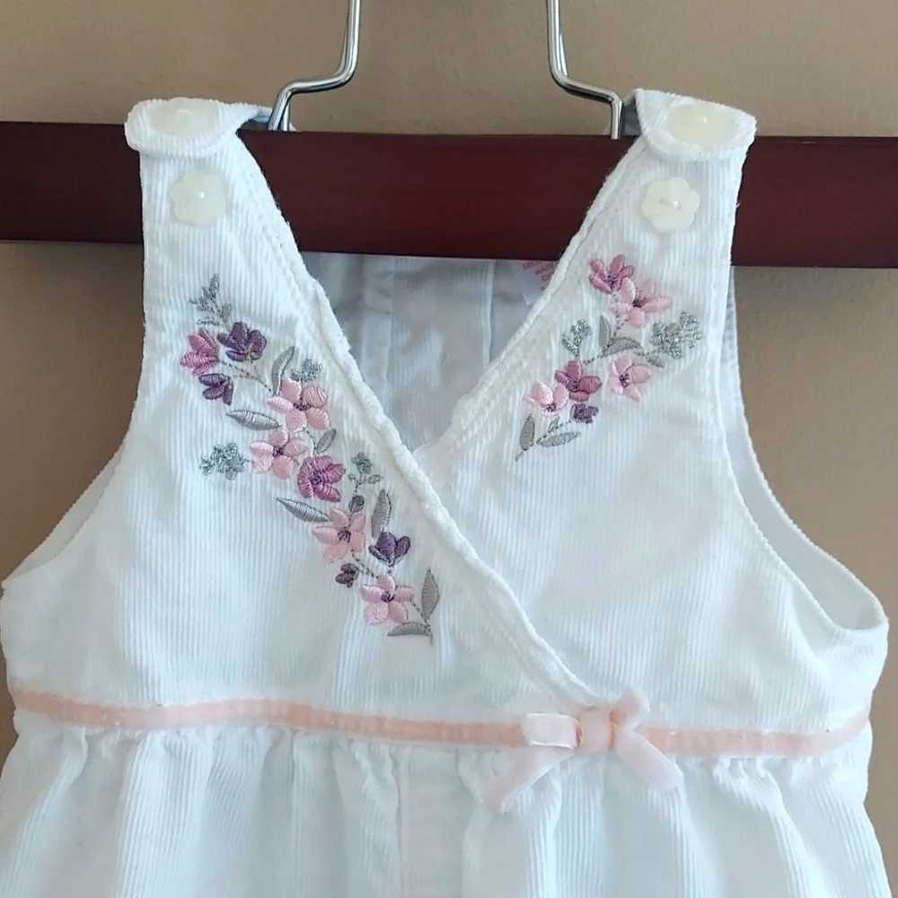 Baby Light weight overall with snap bottoms - white floral embroidery - 3/6 mos